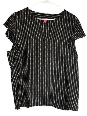 Vince Camuto Large Black White Striped V-Neck Linen Blend Short Sleeve Blouse